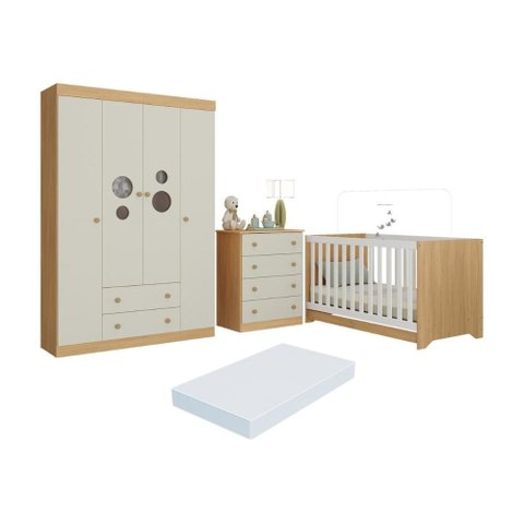 Quarto de Bebê Completo Berço Americano 3x1 Colchão Pirulito Multimóveis Mp4633 Madeirado/off