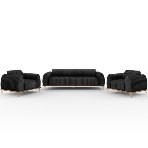 Kit Sofá 3 Lugares 210cm Com 2 Poltronas Molino Pés D'ouro D02 Linho Chumbo D-465 - Lyam Decor
