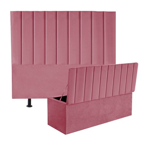 Kit Cabeceira e Calçadeira Baú King 195cm Carla Suede Rosa - D A DECOR