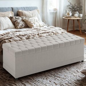 Puff Madri 90cm em Linho com Rodízios e Botão Cristal Elegante com Articulador Larbelle Móveis