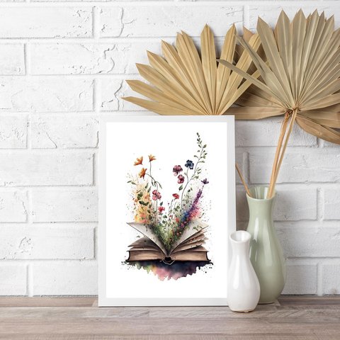 Quadro Decorativo Livro com Flores - Aquarela 24x18cm:moldura Branca