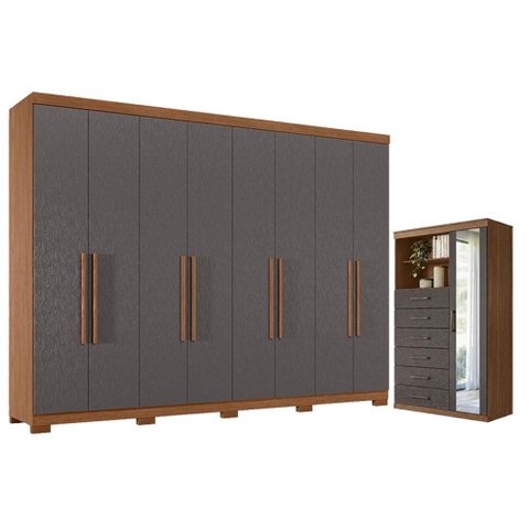 Guarda Roupa Casal 8 Portas 4 Gavetas Master New com Pés e Cômoda Marabá com Espelho Jatobá Grafite 