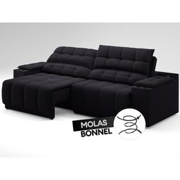 Sofá com Porta Copos Carregador USB Ret Rec Samurai 2,30m Velosuede Preto - NETSOFAS - 6