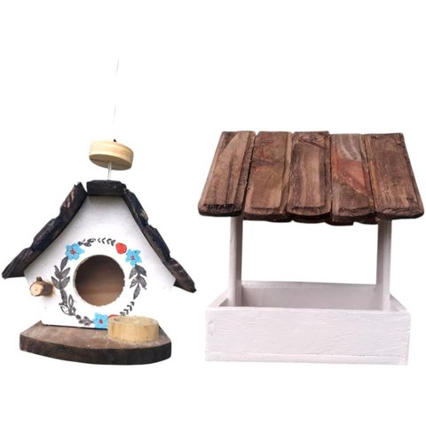 Casinha e Comedouro de Passarinho em Madeira, Decoração para Casa e Jardim