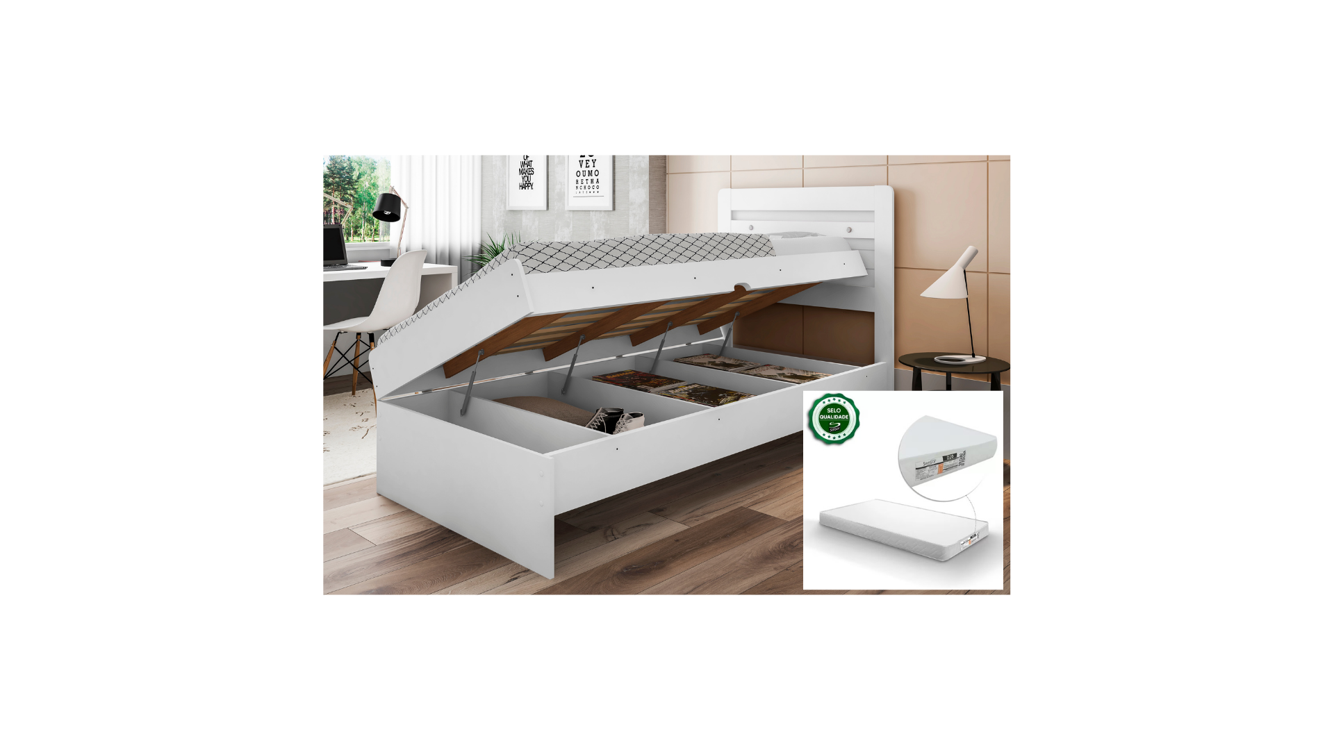 Cama Solteiro Mdf/mdp Larissa com Baú e Colchão Solteiro D20 88x188