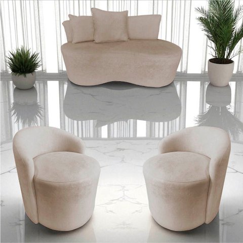Kit Namoradeira + 2 Poltronas Yara Orgânica Veludo Bege