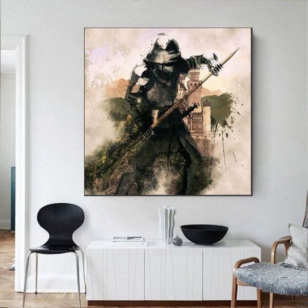 Quadro Guerreiro Medieval Estilo Gravura com Moldura canaleta 110x100cm - 1
