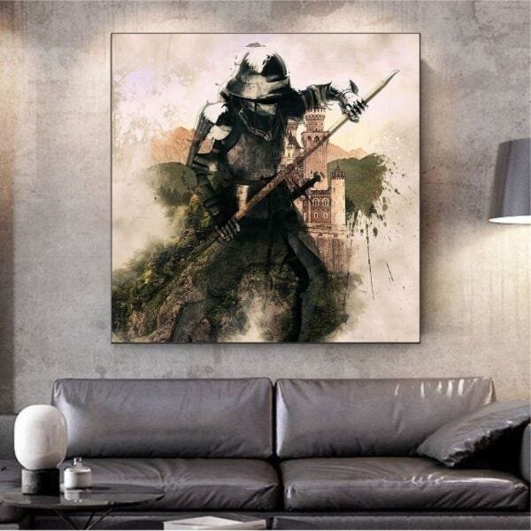 Quadro Guerreiro Medieval Estilo Gravura com Moldura canaleta 110x100cm - 2