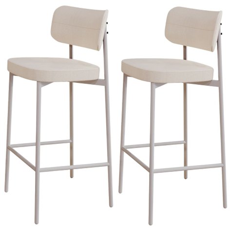 Kit 02 Banquetas Alta Bar Cozinha Sala de Jantar Aço Branco Kaira C01 Linho Palha - Lyam Decor