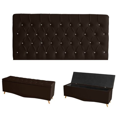 Kit Estrela Cabeceira de Cama Painel e Calçadeira Baú Botão Cristal Queen 160 Cm Suede Marrom Eli Mó