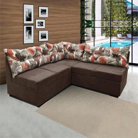 Sofá de Canto 5 Lugares Suede Amassado Marrom com Almofadas Floral - Quebec/Mamflex
