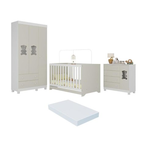 Quarto de Bebê Completo C/ Berço Americano 3 em 1 Colchão Fofura Multimóveis Mp4669 Branco/off