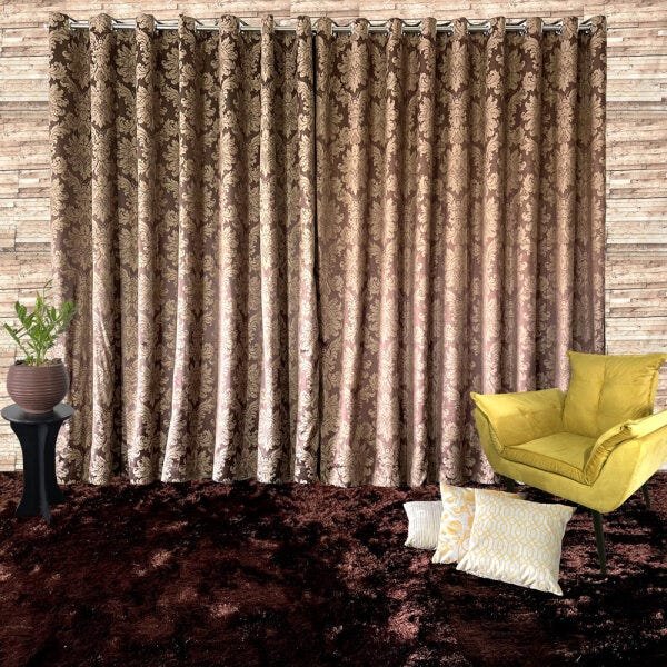 Cortina Tecido Jacquard Medalhão Marrom com Bege - 2,50 x 5,60m de Largura - 1