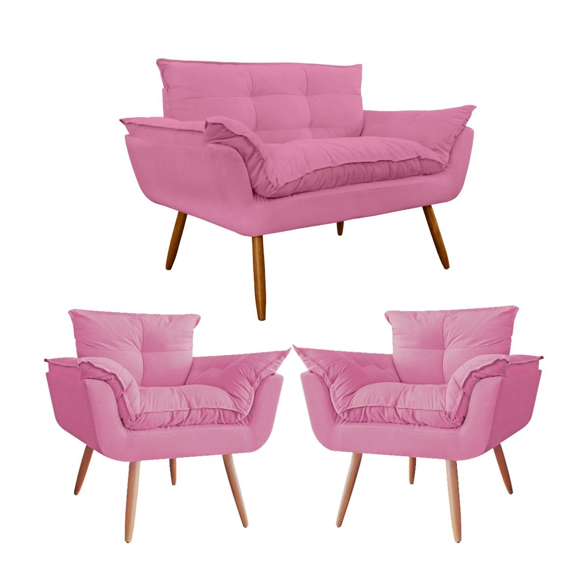 Sofá 2 Lugares Namoradeira com 2 Poltronas Decorativas Opala para Sala Pés Palito Rosa