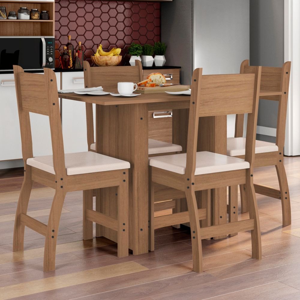 Conjunto de Mesa e 4 Cadeiras para Sala de Jantar Milano Fosco-Poliman - Carvalho / Savana
