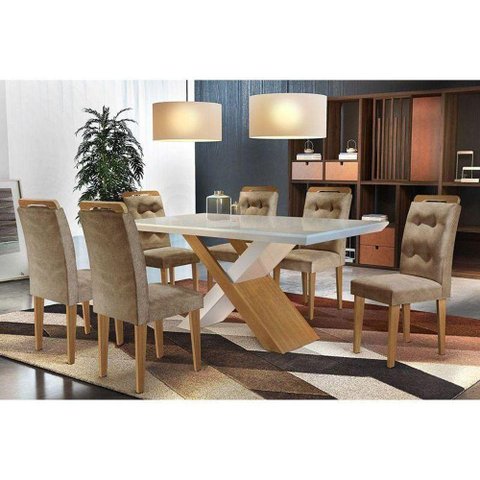 Sala de Jantar Completa Imperatriz Tampo Madeirado C- Vidro Canto Curvo 180x90cm e 6 Cadeiras