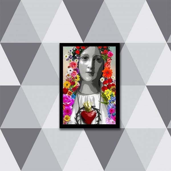 Quadro Decorativo Sagrado Coração de Maria com Flores - 1