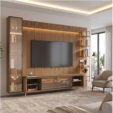 Estante TV 75 pol Prateleiras e Cristaleira Vidro Reflecta 100% MDF LED Lincoln Float 254cm Canella