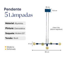 Luminária de Teto Pendente Tazza 5 Lâmpadas Retangular para Ambientes Internos - Dourado - 4
