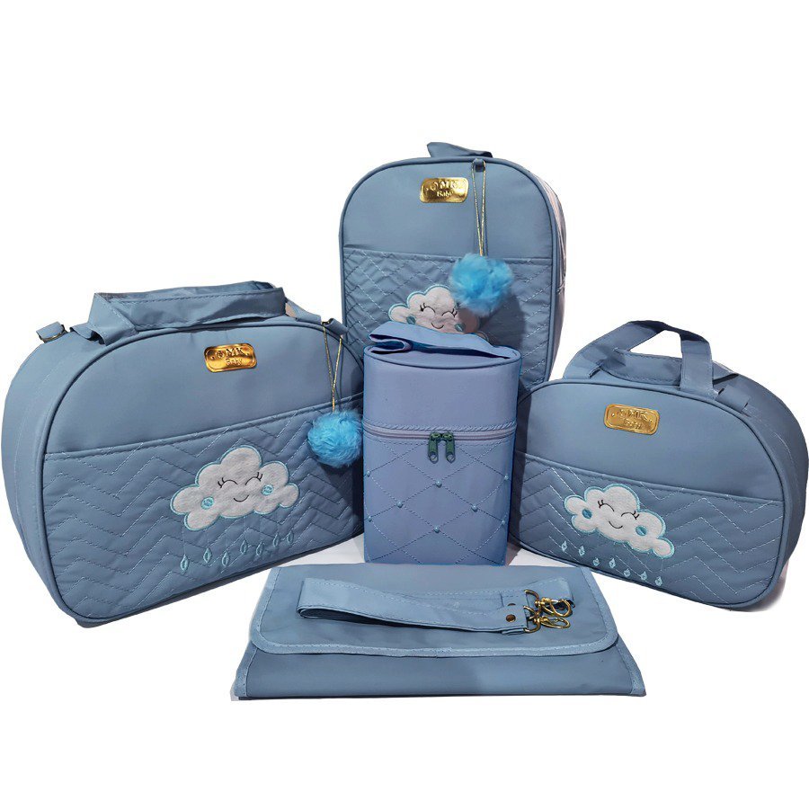 Bolsa maternidade bebê kit 5 peças nuvem Azul impermeável