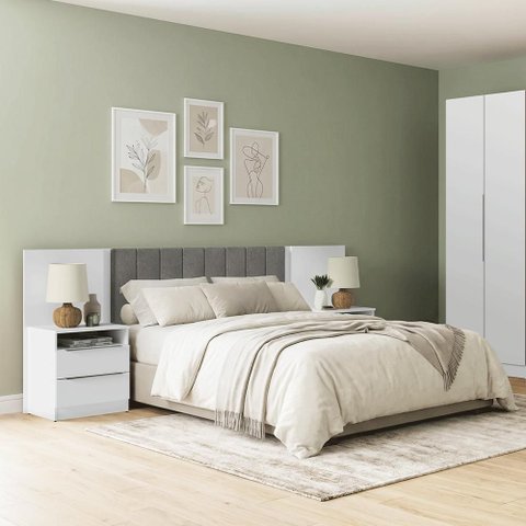 Cabeceira Extensível Estofada com 2 Mesas de Cabeceira Branco/Silver Madesa