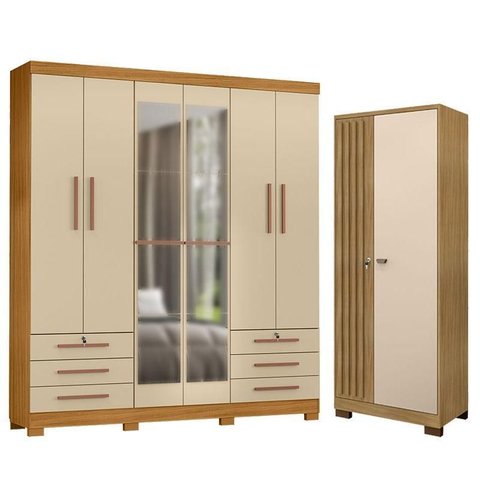 Guarda Roupa Casal Londres com Espelho e Armário Multiuso Versatile Carvalho Americano Off White -