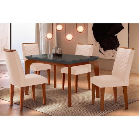 Sala de Jantar Completa Londrina Tampo Madeirado C- Vidro Curvo 120x80 e 4 Cadeiras Londrina Imbuia-