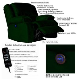 Poltrona do Papai Reclinável Elétrica com Massagem e USB Magnum Veludo Verde - Gran Belo - 2
