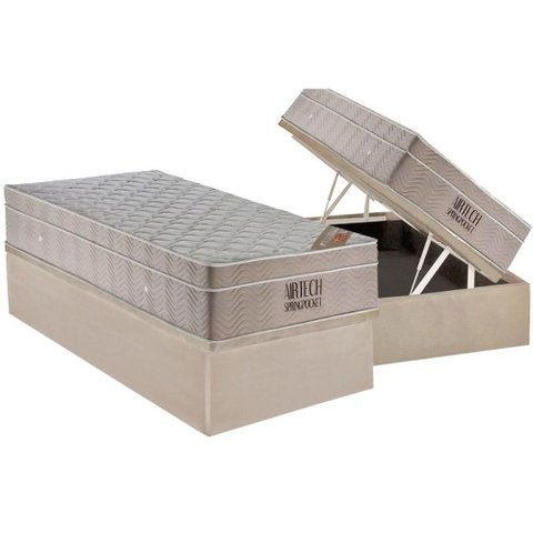 Cama Box Baú Solteiro: Colchão Molas Ensacadas Ortobom Ortobom Fort Airtech + Base Crc Suede Clean