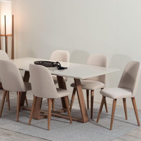 Conjunto de Jantar Mesa com Vidro Avena 6 Cadeiras New Drop - Canella C/ Bege