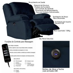 Poltrona do Papai Reclinável Elétrica com Massagem e USB Magnum Veludo Azul Clássico - Gran Belo - 3