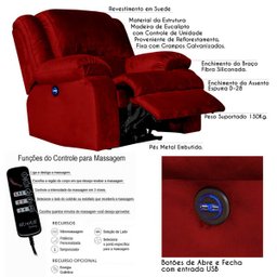 Poltrona do Papai Reclinável Elétrica com Massagem e USB Magnum Veludo Vermelho - Gran Belo - 2