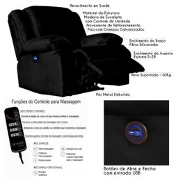 Poltrona do Papai Reclinável Elétrica com Massagem e USB Magnum Veludo Preto - Gran Belo - 2