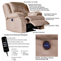 Poltrona do Papai Reclinável Elétrica com Massagem e USB Magnum Veludo Creme - Gran Belo - 2