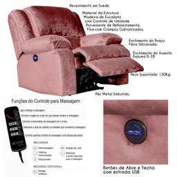 Poltrona do Papai Reclinável Elétrica com Massagem e USB Magnum Veludo Rosê - Gran Belo - 2