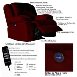 Poltrona do Papai Reclinável Elétrica com Massagem e USB Magnum Veludo Vinho - Gran Belo - 2