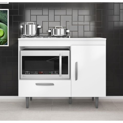 Balcão para Cooktop Alecrim 4 Bocas 105cm 1 Porta 1 Gaveta com Nicho P/ Forno ou Microondas - Branco