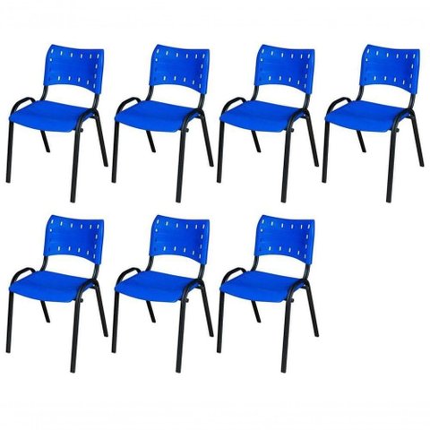 Cadeira Iso Base Preto Escola, Escritório Azul Kit 7 Un