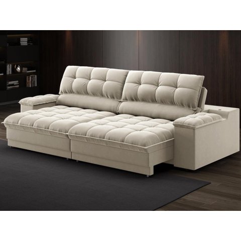 Sofá com Porta Copos e Carregador Usb Ret Rec Luke 2,10m Veludocristal Areia - Netsofas