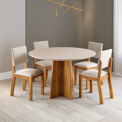 Conjunto Sala de Jantar 4 Lugares Redondo Tampo de Vidro Pallas Bege/Mel/Off White