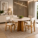 Ver imagem 1 de Conjunto Sala de Jantar 4 Lugares Redondo Tampo de Vidro Pallas Bege/Mel/Off White