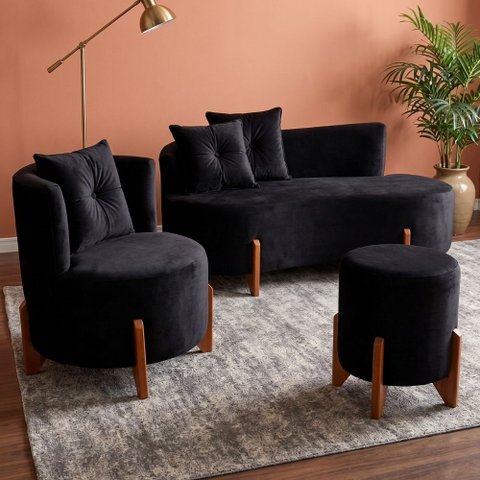 Kit Decorativo Sofá Curvo Orgânico + 01 Puff e Poltrona Luna Veludo Preto - Montanaris Decor