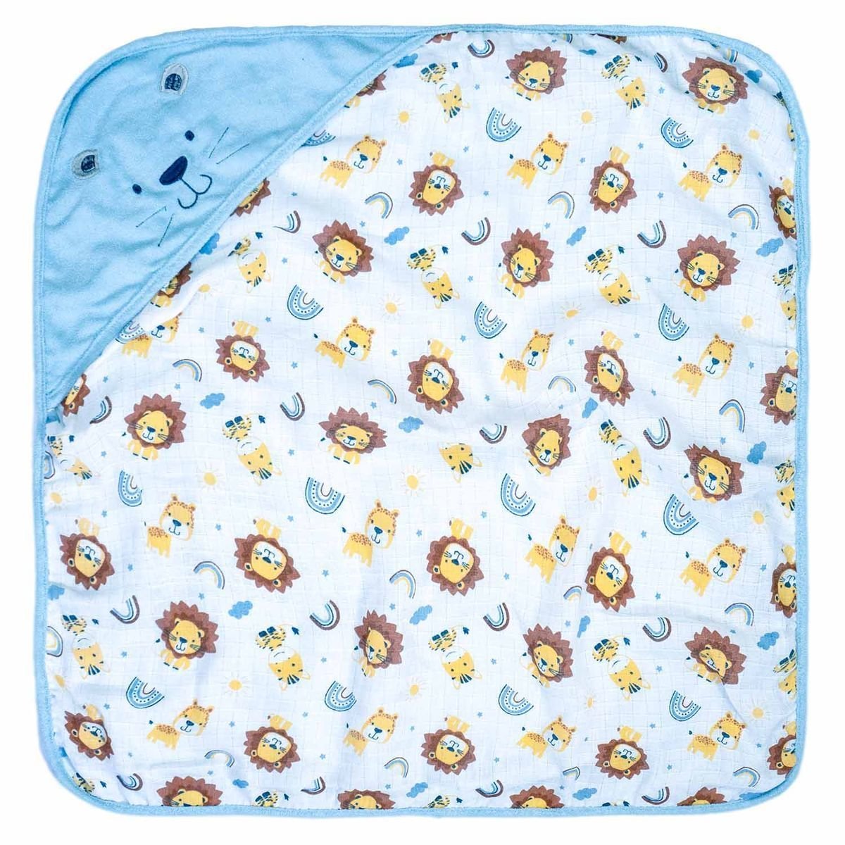 Toalha de Banho Bebe C/capuz Plush 68 Cm X 68 Cm Bord: Leão Azul
