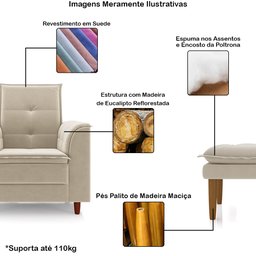 Poltrona de Amamentação Quarto Infantil com Puff Kate Pés Palito Suede Bege - New Belle Poltrona com - 3