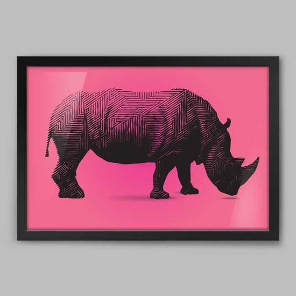 Quadro Animal Rinoceronte Pink - 45x30cm - Moldura Padrão Preto - 1