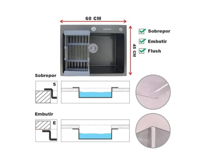 Cuba Pia Aço Inox Cozinha Gourmet Cor Preta Com Acessórios 60x45 -  Brinovar - 5