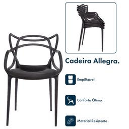 Cadeira de Jantar Allegra Super Resistente e Empilhável Preta - 2 Cadeira de Jantar Allegra Super Resistente e Empilhável Preta - 2