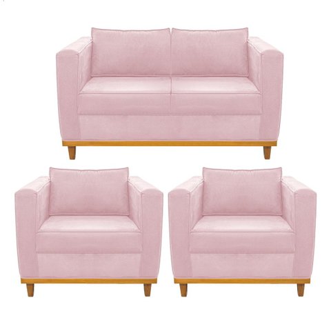 Kit Sofá 2 Lugares e 2 Poltronas Europa Suede Rosa Bebê - Am Decor