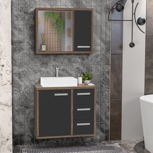 Gabinete para Banheiro com Cuba e Espelho Turin 60 C/ Vidro - Avelato / Preto