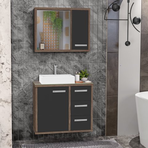 Gabinete para Banheiro com Cuba e Espelho Turin 60 C/ Vidro - Avelato / Preto